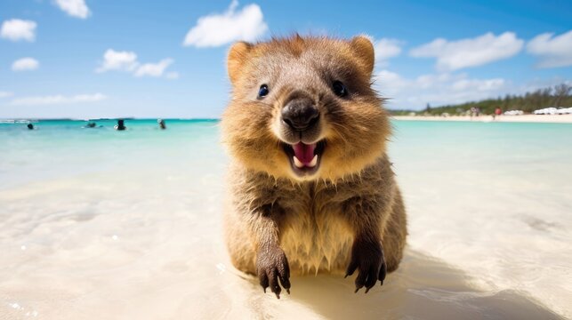 Adorable quokka bounces across the sandy beach, its round cheeks and infectious smile melting the hearts of all who encounter it. Generative AI