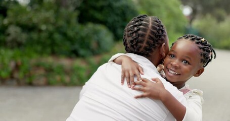 Black girl, hug and mother with love in park with happiness or bonding with kiss, hello and child. Excited, daughter and woman with embrace in garden for support with parent for care or happy kid. - Powered by Adobe