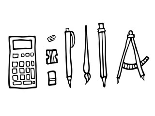  Isolated Hand drawn vector illustration of Stationery for school or office supplies and notepads of different design. Pen, pencil, highlighter, pencil sharpener, eraser, calculator, ruler isolated