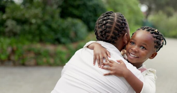 Black girl, hug and mother with love in park with happiness or bonding with kiss, hello and child. Excited, daughter and woman with embrace in garden for support with parent for care or happy kid.