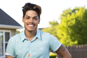 Smiling hispanic non binary person looking at the camera at backyard