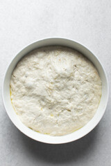 Bread dough that has doubled in size, dough that has fermented, proofed dough in a white bowl	, process of making focaccia
