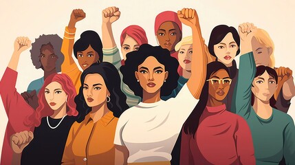 Illustration of female empowerment. Female power, diversity, strong girl concept, international woman day. Anti racism, stop discrimination. Generative AI - obrazy, fototapety, plakaty