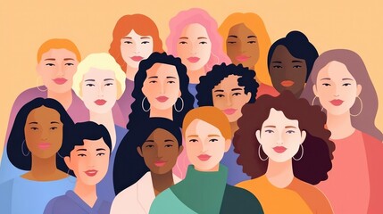 Illustration of female empowerment. Female power, diversity, strong girl concept, international woman day. Anti racism, stop discrimination. Generative AI