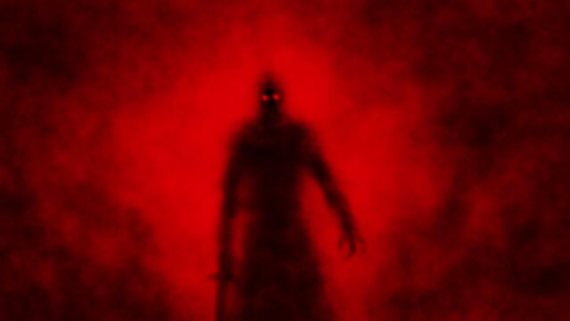 Scary knight ghost with sword. Gloomy ancient warrior. Horror fantasy genre. Dark spirit cave. Animated video clip. Creepy short film for spooky Halloween. Vj loop. Red and black abstract background. 