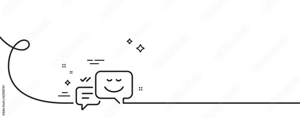 Poster message speech bubbles with smile line icon. continuous one line with curl. chat emotion sign. happy