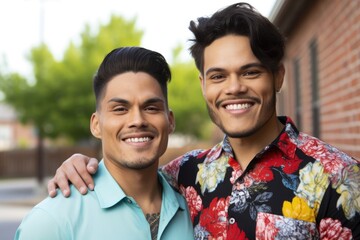 Smiling couple of hispanic non binary persons looking at the camera at backyard