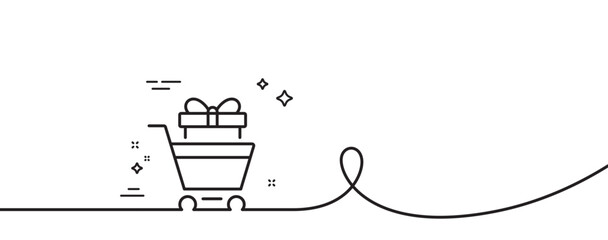 Shopping cart with gift line icon. Continuous one line with curl. Customer trolley sign. Supermarket sale symbol. Shopping trolley single outline ribbon. Loop curve pattern. Vector