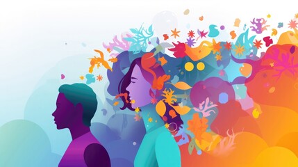 Minority mental health awareness month design banner with colorful silhouette of minority people. Generative AI