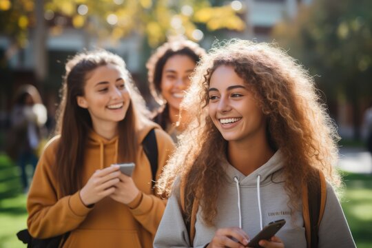 smiling teenage girls laughing while watching a video on a smartphone. They are standing outdoors on the school's campus.
