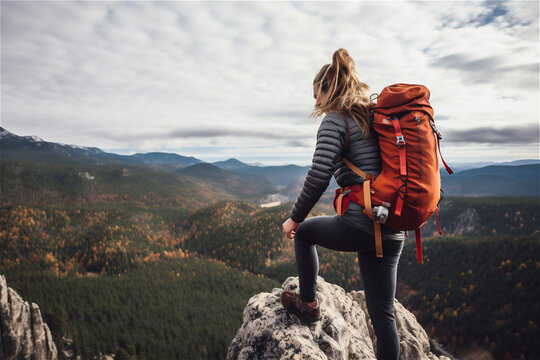 Female standing on top of a mountain, AI generated content