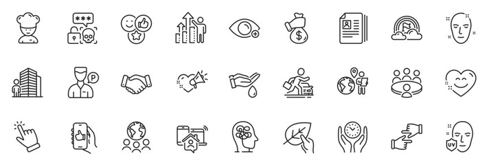 Fototapeta na wymiar Icons pack as Organic tested, Valet servant and Farsightedness line icons for app include Bribe, Like, Cooking chef outline thin icon web set. Employees handshake, Outsource work. Vector