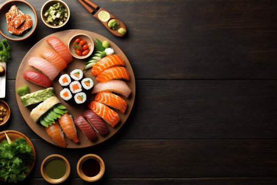 fresh sushi japanese asian healthy fish seafood rice food roll. Generative AI.