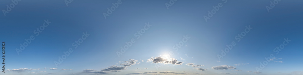 Sticker clear blue skybox with clouds as seamless hdri 360 panorama with zenith in spherical equirectangular