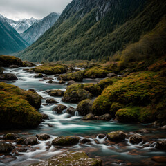 Fototapeta na wymiar Remote mossy highlands landscape with mountains and flowing river