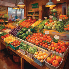 Obraz premium Beautiful organic fruits, vegetables, grains, fresh and nutritious good food and ingredients. Farmers market, harvest, salad bowl. Balanced fitness diet. Vibrant illustration, artwork. Generative AI.