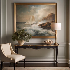 Golden Hour Coastal Vista Inspired by J.M.W. Turner's Seascapes in a Classical Apartment Setting. Generative AI.