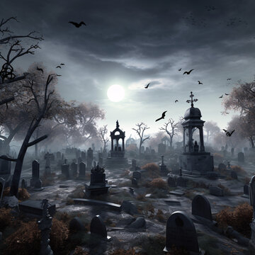 Surreal Halloween Graveyard under Moonlight: A Fusion of Salvador Dalí and H.P. Lovecraft's Artistry. Generative AI.