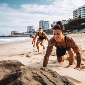 Fit people working out, sport, fitness, exercise, training, running on the sand beach, outside. Crossfit, HIIT, endurance, dynamic. Generative AI.