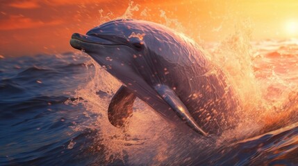 dolphin emerging from the sea in the morning. made using generative AI tools