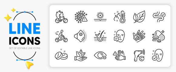 High thermometer, No sun and Bike timer line icons set for app include Myopia, Medical mask, Veins outline thin icon. Covid virus, Digestion, Medical tablet pictogram icon. Vector