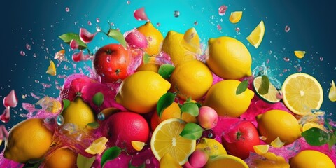 The design of an advertising banner. Lemons of various colors are chopped and displayed. The notion that cleanliness is revitalized in the summer. Lemons in a variety of colors, including yellow, pink