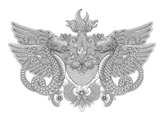 Heart with dragon, floral ornamental and torch,  Vintage engraving drawing style, antique design vector illustration
