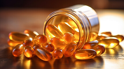 Cod liver oil omega 3 gel capsules close up. Fish oil capsules.