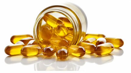 An enticing image capturing the vibrant display of Omega-3 capsules, their glossy shells reflecting light, symbolizing the potential health and wellness they hold. Generative AI