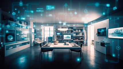 Fototapeta na wymiar The concept of the Internet of Things with an image of a smart home, featuring various connected devices and appliances AI 