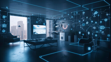 The concept of the Internet of Things with an image of a smart home, featuring various connected devices and appliances AI	