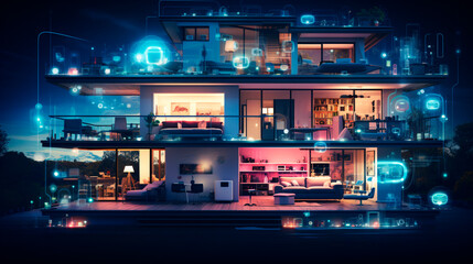 Fototapeta premium The concept of the Internet of Things with an image of a smart home, featuring various connected devices and appliances AI 