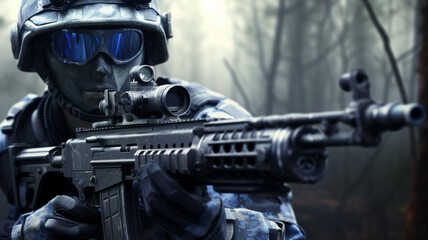 Naklejka premium a soldier with tan paint and helmet and goggles and uniform and gloves with machine gun with visor in foggy forest, special forces or war effort or defense or mission or war