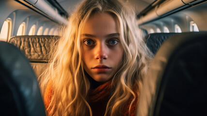Fototapeta na wymiar thoughtful young adult woman, 20s, impatient or annoyed or stressed or sad, on the plane, walking around