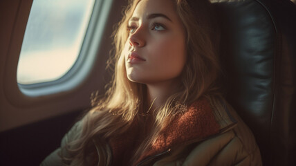 Fototapeta na wymiar thoughtful young adult woman, 20s, impatient or annoyed or stressed or sad, on the plane in the plane seat, tired or in a bad mood