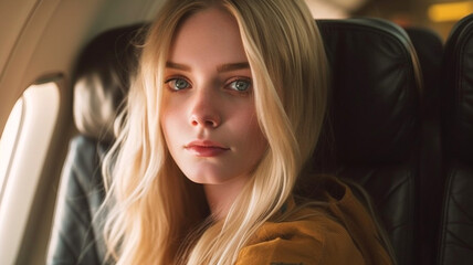 Naklejka na ściany i meble thoughtful young adult woman, 20s, impatient or annoyed or stressed or sad, on the plane in the plane seat, tired or in a bad mood