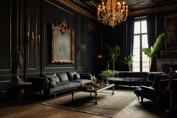 Contemporary, high-end furnishings in a trendy setting with 19th-century Renaissance elements. The walls are richly black with gold frames and hardwood parquet stucco. - obrazy, fototapety, plakaty