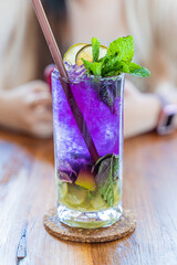 Blue Hawaii fruit juice, healthy fruit in a cafe next to the sea, Sue Flamingo, Ao Yon Beach, Phuket, Thailand