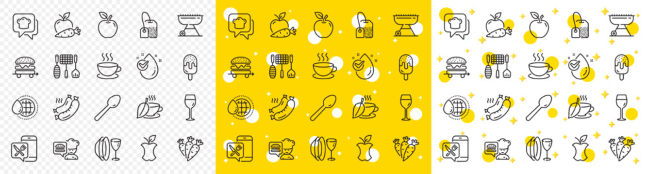 Outline Cooking hat, Food delivery and World water line icons pack for web with Apple, Wine glass, Ice cream line icon. Cappuccino, Grill tools, Tea bag pictogram icon. Food app. Vector