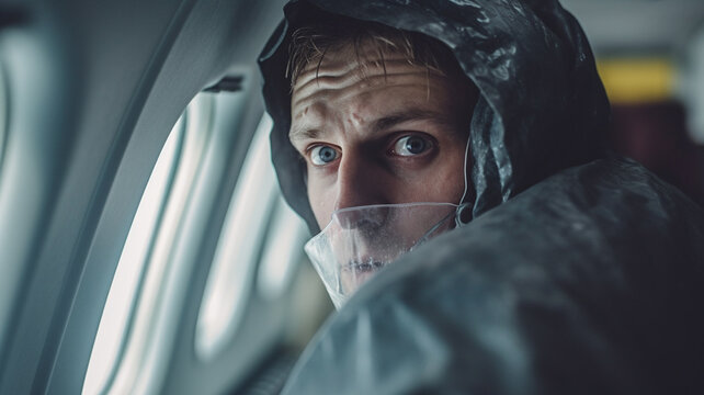 Adult man, 30s, Caucasian, wears a wet rain jacket and face mask, fear and worries, overcautious, panicky, wants to protect himself above all else, on the plane seat, at the window, fictitious