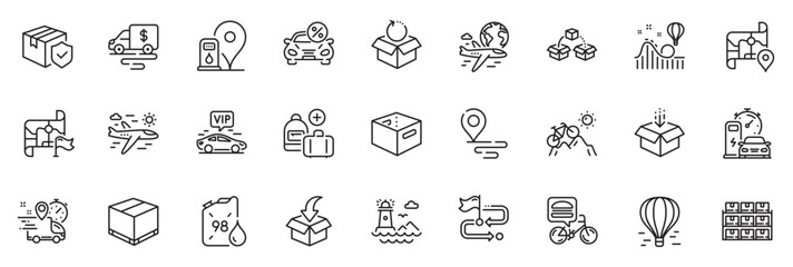 Icons pack as Petrol station, International flight and Charging station line icons for app include Car leasing, Vip transfer, Lighthouse outline thin icon web set. Airplane travel. Vector
