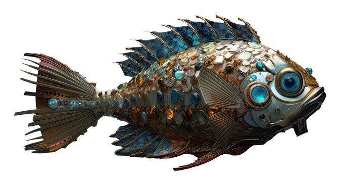 mechanical fish with gemstones isolated on transparent background cutout, generative ai