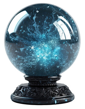 crystal ball, blue magic gazing ball on a beautiful stand isolated on transparent background cutout, generative ai