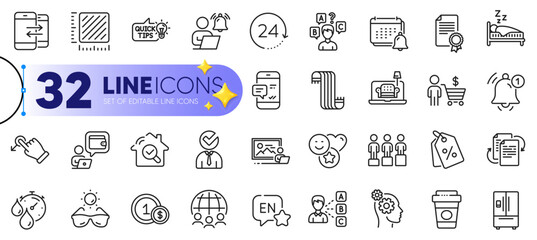 Outline set of Furniture, 24 hours and Scarf line icons for web with Vacancy, Equity, Smile thin icon. Certificate, Takeaway coffee, English pictogram icon. Opinion, Notification, Refrigerator. Vector