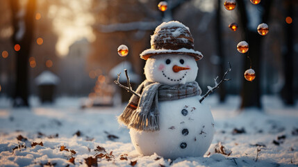 Snowman standing in winter when christmas