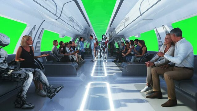 3d people and robots. Flying passenger train. Utopia. concept of the future.Green screen. Realistic 4k animation.