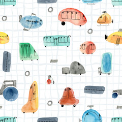 Bright seamless pattern with cute stylized watercolor and ink transport on textured striped background. Watercolour texture of bus, cars, airplanes, helicopter for kids textile design, wrapping paper