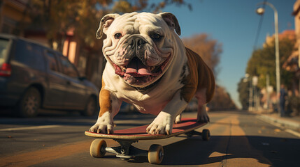 A bulldog riding skateboard on the street