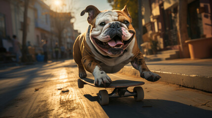 Fototapeta premium A bulldog riding skateboard on the street