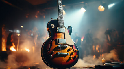 Close-up of electric guitar on a stand on stage - obrazy, fototapety, plakaty